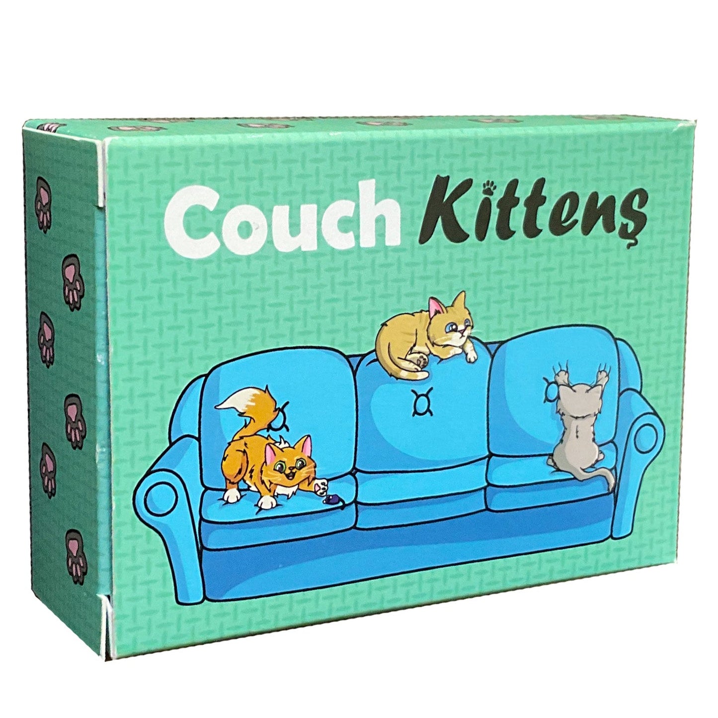 Box of 'Couch Kittens' game with cartoon cats on a blue couch.
